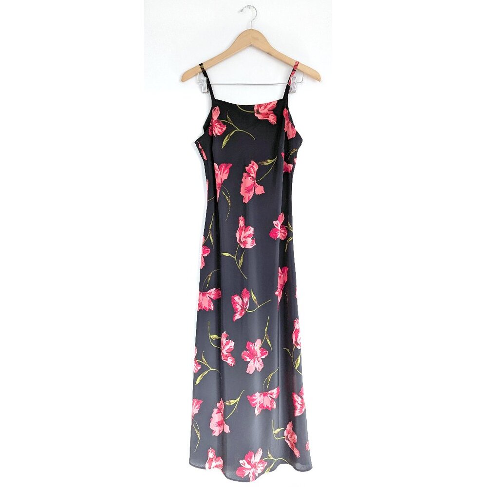 Vintage Expressions So 90s Floral Slip Dress Black Pink 14 Grunge Goth Whimsy